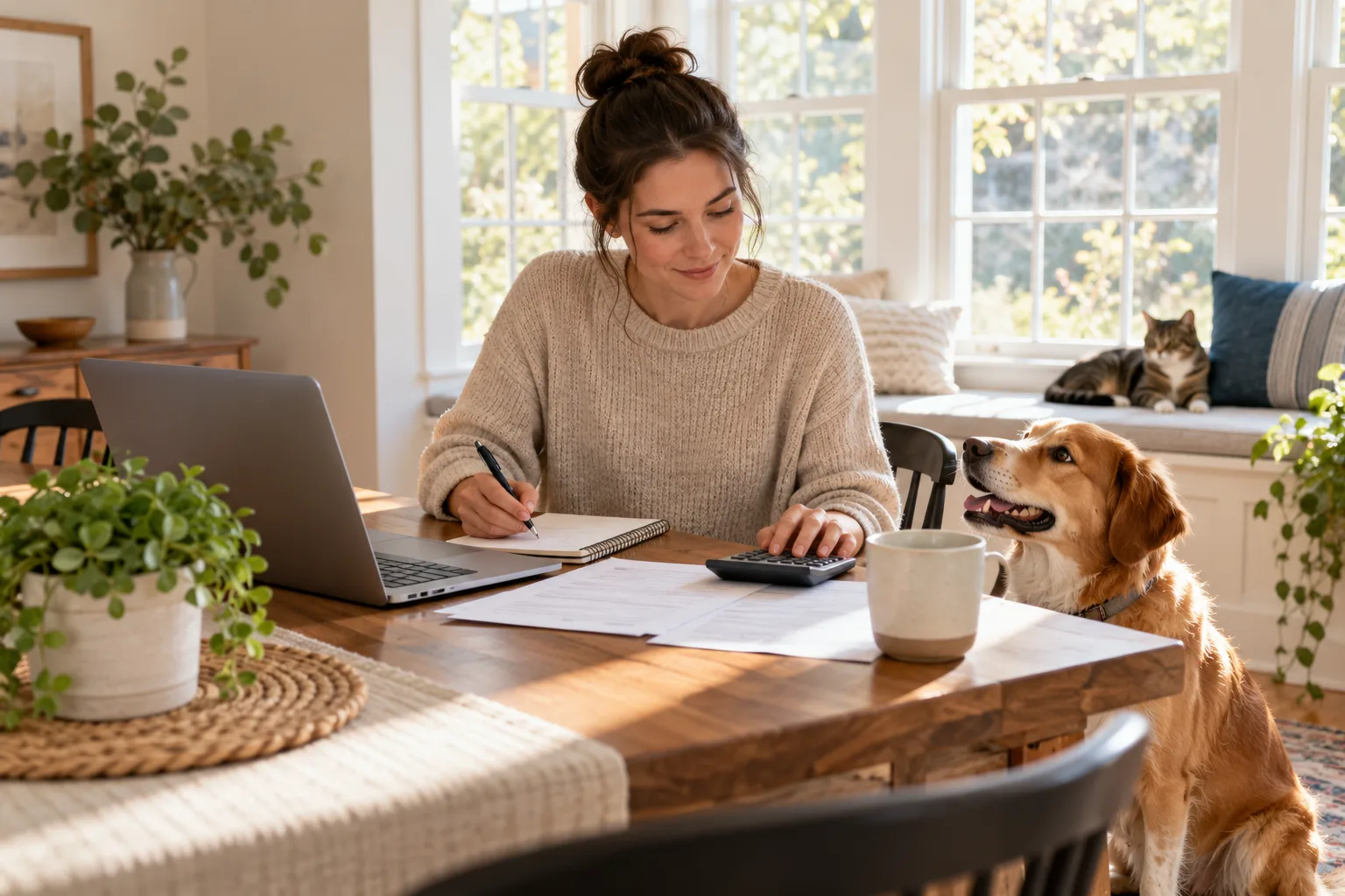Owner reviewing a pet-care budget at a kitchen table with a dog nearby